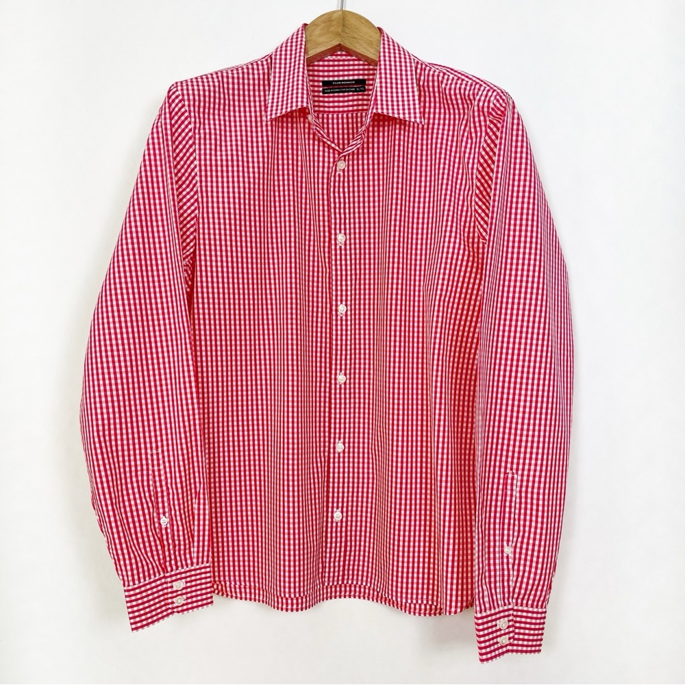 Club Monaco Men’s Red and White Gingham‎ Cotton Button Down Shirt Size XL